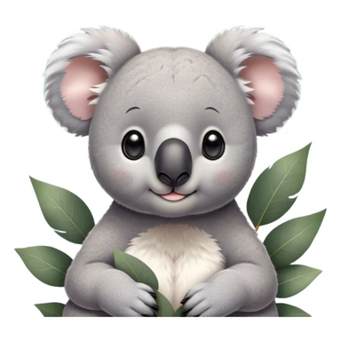 Cinematic Cute Koala Portrait Emoji, Head tilted playfully and inquisitively, featuring a fluffy grey fur with perky, rounded ears and a charming black nose, round, sparkling eyes filled with gentle curiosity, Simplified yet irresistibly adorable features, highly detailed, glowing with a warm, friendly glow, high shine, affectionate and cuddly, stylized with a touch of eucalyptus whimsy, bright and endearing, soft glowing outline, capturing the essence of a mischievous yet loving koala, so playful it feels like it could snuggle out of the screen into your arms! sticker