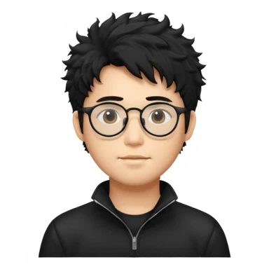 Make an Asian male with black fluffy messy hair wearing a black quarter zip and glasses sticker