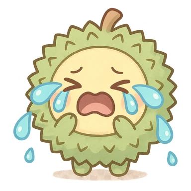 cute chibi soft fluffy durian character, round, green spiky shell, yellow flesh, crying dramatically, big teardrops, pastel, full-body sticker