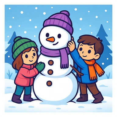 Show two different kids (different hair and clothing colors) building a snowman in a snowy background, keep the sticker style sticker
