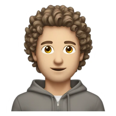 Caucasian man grey zipped hoodie brown hair bit curly brown eyes sticker