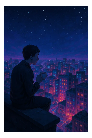 A lone figure on a rooftop, sipping tea as the city below glows with an otherworldly light, calm posture, a faint tear on their cheek, bittersweet mood. sticker