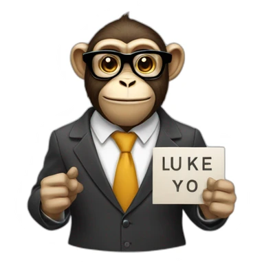 monkey professor with glasses and beard and mustache and suit holding a sign with like sticker
