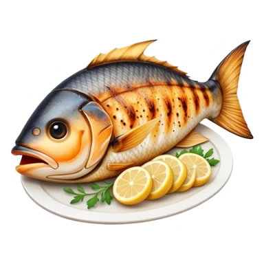 Cinematic Realistic Gradele (Grilled Fish) Dish Emoji, depicted as perfectly grilled fish with a smoky, charred finish rendered with lifelike detail and appetizing, natural lighting. sticker