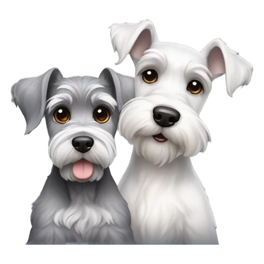 A big gray schnauzer with dark eyes next to a small all white puppy schnauzer sticker