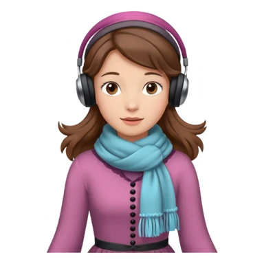 Victorian ice skater in a long dress. She is wearimg a scarf and earmuffs. She has boriwn hair. sticker