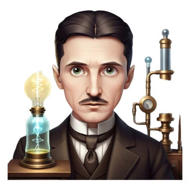 Nikola Tesla – Cinematic Realistic Portrait of Nikola Tesla, depicted as a visionary inventor with intense, thoughtful eyes and period attire, surrounded by subtle arcs of electric light and early laboratory apparatus, rendered with dramatic lighting that evokes mystery and innovation. sticker