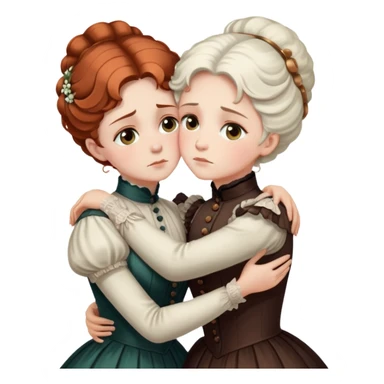 Two Victorian women with light eyes in a sad intimate hug, one with white coiffed hair and one with copper coiffed hair, wearing Victorian high-neck dresses, embracing tightly sticker
