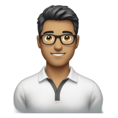 young guy with a white polo and black hairs and grey glasses sticker