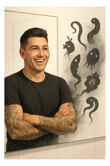 a man stands in a brightly lit bathroom, looking relieved and revitalized as he examines his reflection in the mirror. In the foreground, stylized, shadowy images of parasites (such as worms or protozoa) are shown leaving his body, dissolving into mist or fading away. His posture is upright and his expression is one of newfound energy and health. sticker