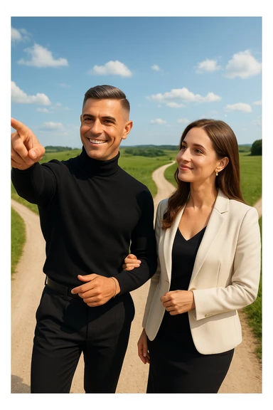 a man stands confidently at a crossroads, pointing toward a clear path ahead. Beside him, a woman looks at him con fiducia e serenità, pronta a seguirlo. Entrambi sono ben vestiti e sorridenti, immersi in un paesaggio luminoso che simboleggia nuove opportunità e un viaggio condiviso. sticker