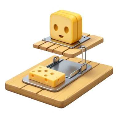 A 3D emoji in iOS emoji aesthetic style of a small mousetrap on a wooden base with a tiny gray mouse approaching a small piece of yellow cheese on it, minimal white background, bright lighting, clean and glossy Apple-style design sticker