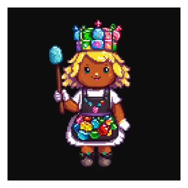 A playful baker in a pastel-pink candy lab. Walls of bubblegum bricks, frosting-covered counters, and a cupcake-shaped oven. The baker wears a gummy bear-studded apron, marshmallow gloves, and a rock candy crown. UI elements look like melting lollipops, candy cane sliders, and syrupy transitions. sticker
