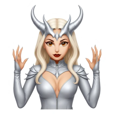 visually stunning image of an extremely detailed devil woman in a skin tight suit of light colored leather and intricate silver devil horns sticker