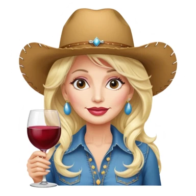 Dolly Parton with a huge glass of wine on a bachelorette trip and a cowboy hat and huge lips sticker