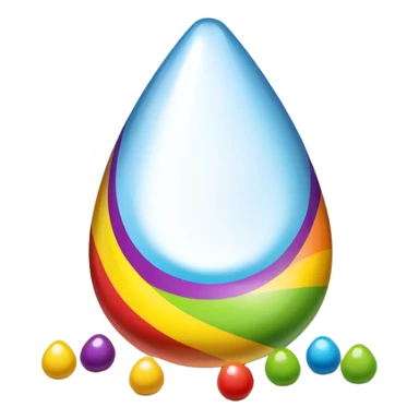 Minimal design of a Skittles package shaped like a teardrop with rainbow stripes and a few green round candies beside it. sticker