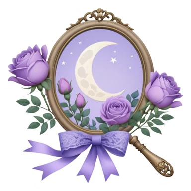 Under the soft light of a vintage brass lantern, a small bundle of lilac roses, indigo peonies, and delicate lavender sprigs is tied with a lace ribbon in a muted violet hue. Above, the sky is scattered with tiny silver stars, reflecting gently in the antique hand mirror with a moon-shaped handle beside the bouquet. sticker