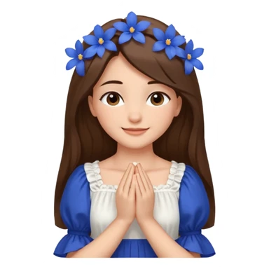 Generate a girl with her eyes closed and smiling and Boht her hands under the chin, palms facing upwards. She should be wearing a white dress with cobalt blue flowers on the dress and puffed sleeves. She has ling straight hair. Only her face and chest is visible. sticker
