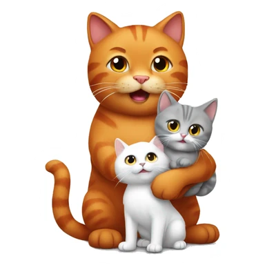 A big red cat playing with a small white-gray cat sticker