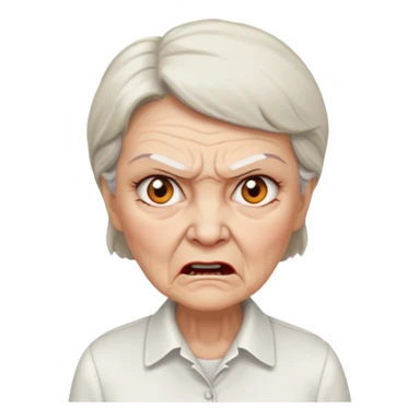a portrait of angry elderly woman, wearing shirt sticker