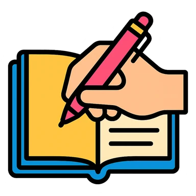 a hand writing with a pink pen in a notebook, color outline icon style sticker