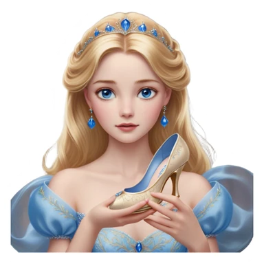 Cinematic Realistic Cinderella Portrait, depicted with lifelike skin texture, subtle rosy undertones, and soft natural lighting that enhances the gentle contours of her face. Her intricately detailed golden blonde hair is elegantly styled in an updo, with delicate wisps framing her face for added realism. Her deep, expressive blue eyes radiate warmth and sincerity, reflecting a quiet resilience and grace. She is dressed in her iconic ball gown, the fabric shimmering with intricate embroidery and fine translucent layers that catch the light beautifully. The soft sheen of satin gloves and the delicate sparkle of a glass-like slipper peeking from beneath her dress add a touch of magical realism. The portrait features an enchanting glow with a natural, luminous finish, seamlessly blending realism and fairytale charm to evoke a sense of depth, elegance, and timeless beauty. sticker