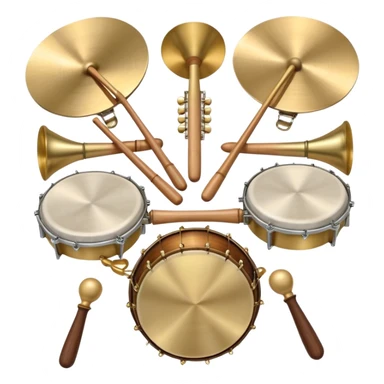 Create a heraldic, festive, and professional emblem-like emoji representing percussion instruments. The design should resemble a traditional crest, featuring a range of percussion instruments like cymbals, triangle, tambourine, maracas, timpani, and other traditional and folk percussion instruments. Arrange them symmetrically, with elements like cymbals crossing each other, a triangle at the center, and timpani or drums flanking the sides. The instruments should be depicted with metallic and wooden tones—shiny brass for cymbals, silver for the triangle, and rich wood or polished bronze for drums. Include ornate details like engraved patterns on the instruments, decorative swirls or laurels, and subtle accents to add elegance and festivity to the composition. The overall design should be cohesive, balanced, and visually striking, suitable for use as a prestigious emblem. The background should be transparent. sticker