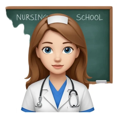 university classroom that says nursing school on the blackboard with a pretty female nursing student with long brown hair, blue eyes sticker