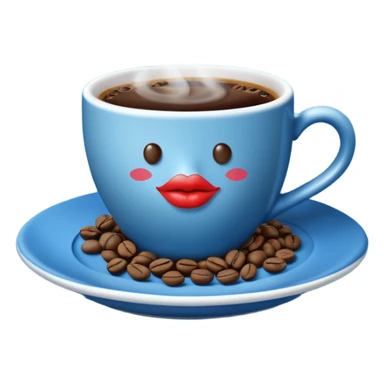 A steaming cup of coffee is visible. The blue cup has a kissing lips print and sits on a blue saucer filled with coffee beans. sticker