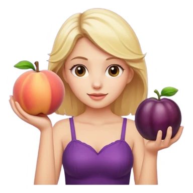 Blonde girl, holding up peach in one hand, eggplant in the other sticker