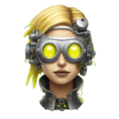 Caucasian female cyborg head with Neon yellow bobbed hair, silver steampunk goggles and circuits sticker