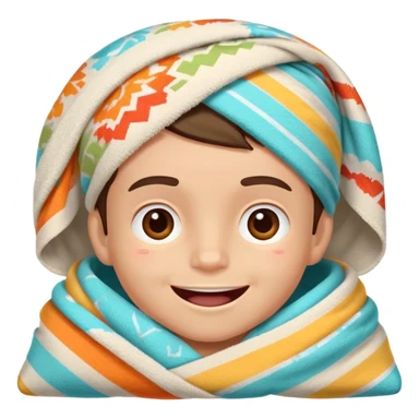 a boy The person is smiling slightly with their mouth partially open, and their face fills most of the frame. A towel or blanket with colorful patterns is draped over part of their head, suggesting they might be lying down or relaxing sticker