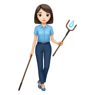 female smart light blue blouse, dark trousers, shoes. one hand holding a stick sticker