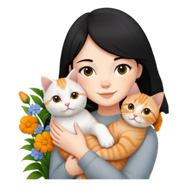 A black-haired girl happily holds a Ginger British Shorthair Cat in the flowers sticker