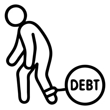 debt emoji icon showing a person weighed down by a ball and chain labeled 'debt', simple and expressive sticker