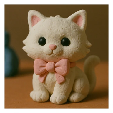 cute fluffy white kitten with a light pink bow, claymation style sticker