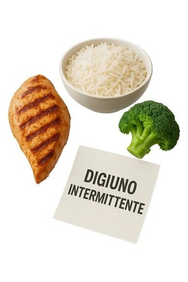 petto di pollo grigliato, bowl di riso basmati e broccoletti fluttuano in aria insieme ad un foglio con la scritta "DIGIUNO INTERMITTENTE", iperrealistico 4k sticker