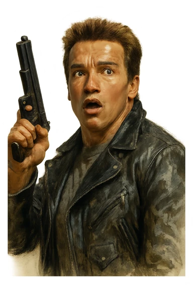 Arnold Schwarzenegger as the Terminator, surprised expression, holding a raised gun, realistic painted style sticker