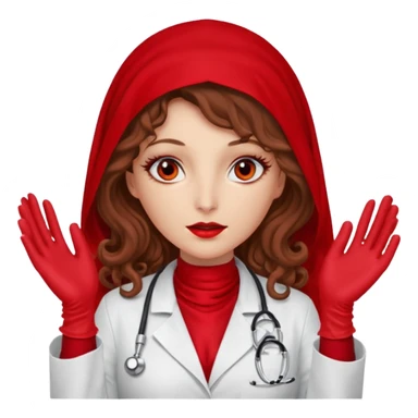 Lilith scalpel in hand, evil surgeon sexy surgeon clothes.  She has red eyes. She brown long curly hair. Wears sexy doctor outfit with red gloves. Wears red burka to hide her mouth and nose sticker