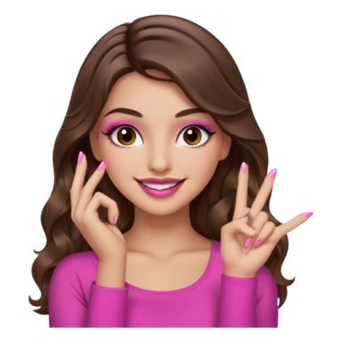 girl with long wavy brown hair, brown eyes, long lashes makeup, sexy pink lips, light to medium complexion, pink sexy top, smiling, hand by the cheek snapping fingers sticker
