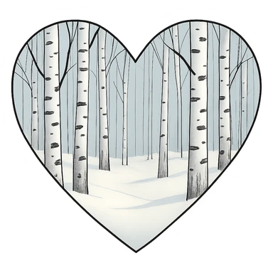 heart with a snowy birch forest, clean digital illustration sticker