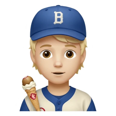 Make a white boy with blond ice cream hair and visors in a baseball jersey and a baseball hat sticker