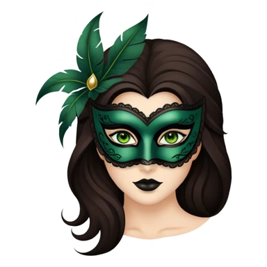 Greeneyed Woman with Long Dark brown hair wearing Black venetian mask sticker
