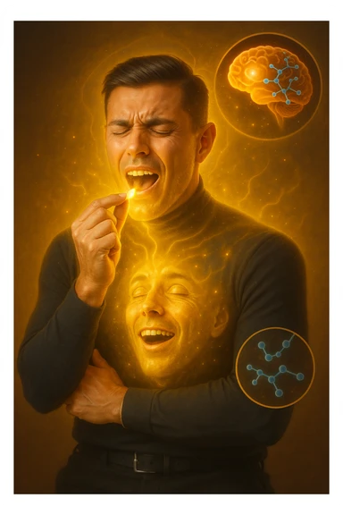 "Man taking simple sugar tablet believing it's powerful medicine, golden healing light emanating from pill as it dissolves, his chronic pain visibly dissolving as relief spreads across his face, expression transforming from suffering to amazement, brain chemistry changing through pure belief, microscopic view showing endorphins releasing purely from expectation, body healing itself through mind's conviction" sticker