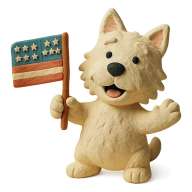 happy Westie dog waving a small US flag, claymation style sticker