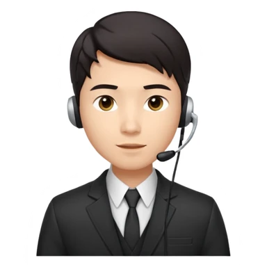 A young Asian man with smooth light skin, dark hair that swoops upward in the front, expressive eyes, a clean-shaven face, and a call-center style headset over one ear, usually paired with a crisp shirt and suit jacket visible from the chest up. sticker