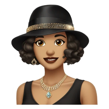 Flapper feminine brown eyes black hat jeweled flapper style  hat earrings wavy dark hair smirk sticker