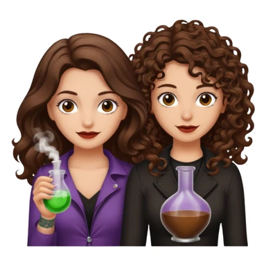 hiding potion — long wavy brown hair tattooed woman and short tight curly brown hair woman — guilty smile sticker