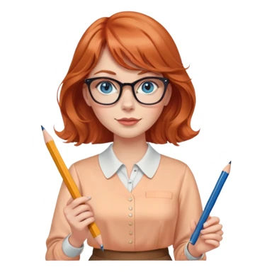 redheaded woman with long wavy hair and bangs, blue eyes, cat-eye glasses, wearing a pencil skirt and apricot blouse, holding a pencil sticker
