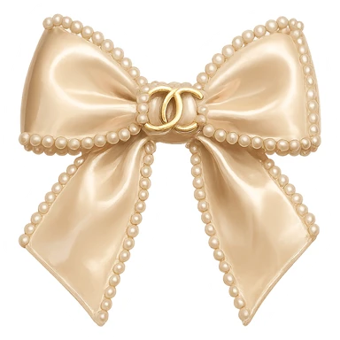Remove the background, keep only the elegant bow with pearls and gold Chanel logo, glossy, pastel colors, realistic style, with no background. beige sticker